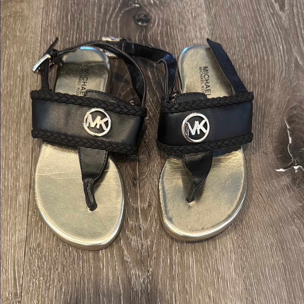 MICHAEL Michael Kors Kids Black Braided Sandals with Gold Footbed